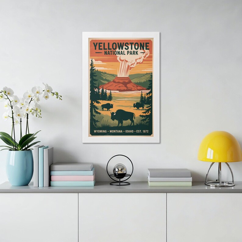 Vintage Yellowstone National Park Poster: Bison & Geyser Nature Art - Etsy