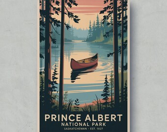 Prince Albert National Park Poster, Vintage Canoe Lake Scene