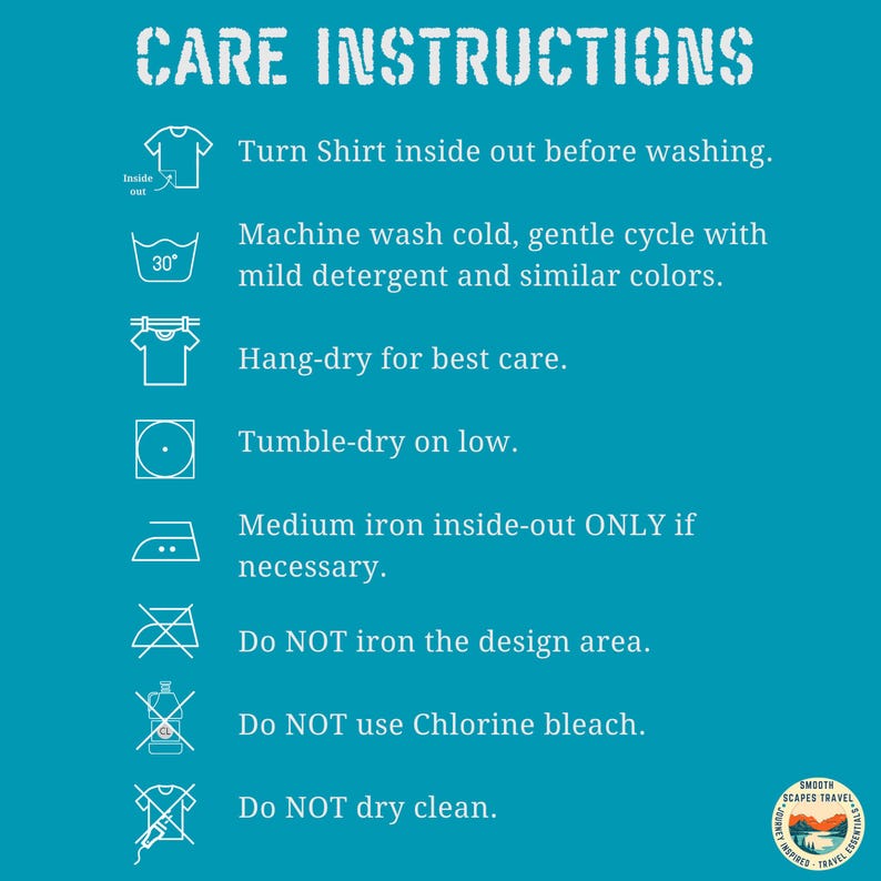 Care Instructions Shirt Care Guide, Turn Shirt Inside Out, Machine Wash Cold, Gentle Cycle, Hang-dry, Medium Iron Inside Out
