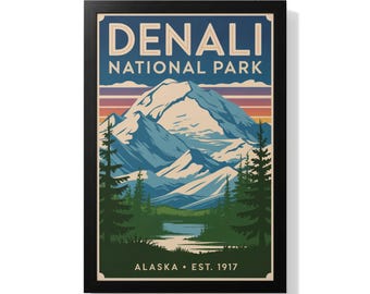 Denali nationalpark vintage reseaffisch: Alaska bergskonst