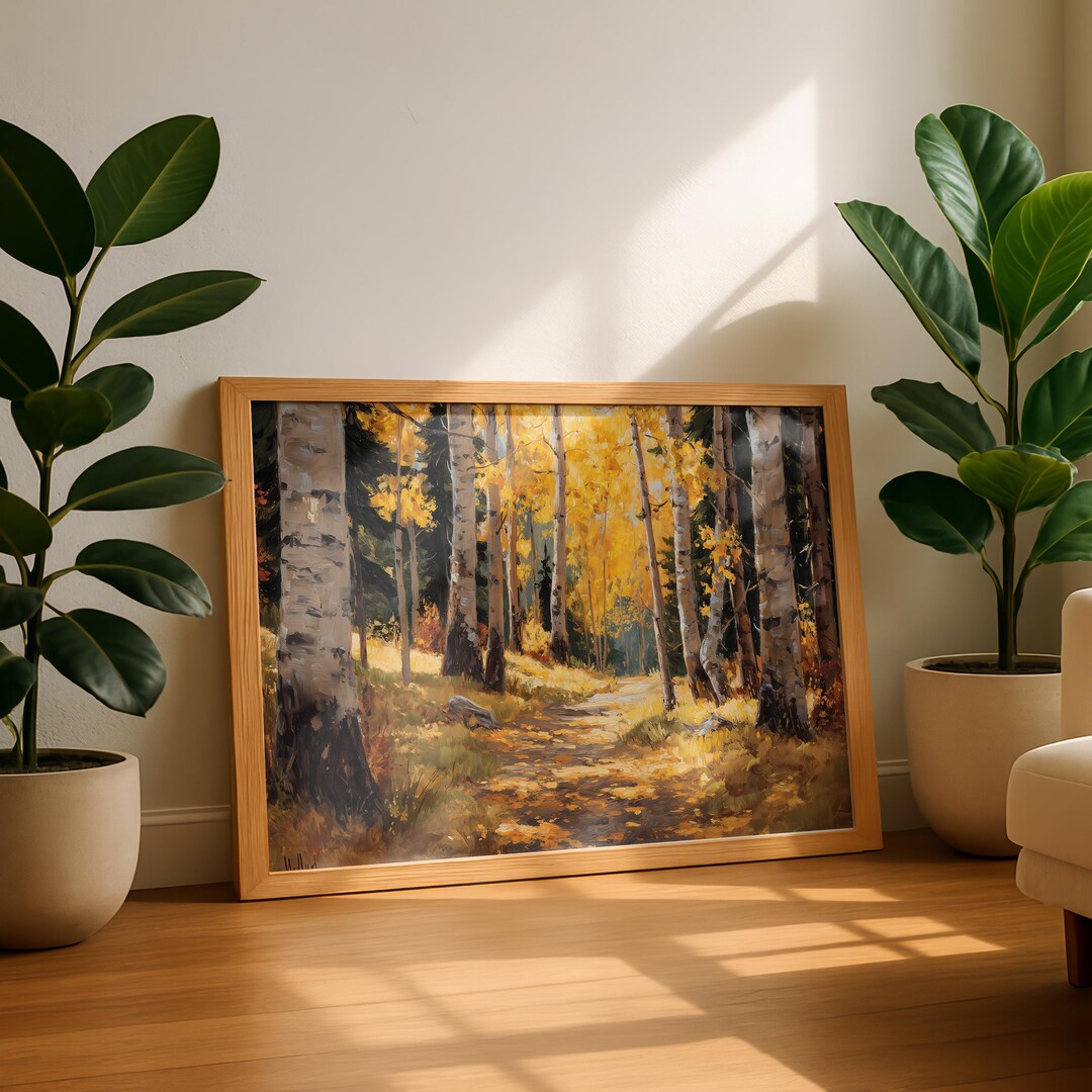 Golden Aspen Trail Canvas, Forest Path Wall Art, Warm Nature Print ...