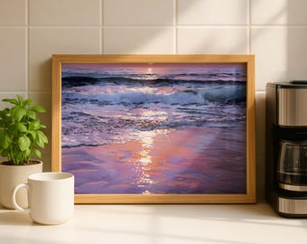 Ocean Sunset Canvas, Purple Reflection Wall Art, Beach Seascape Print, Coastal Decor