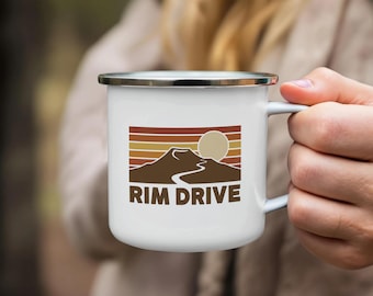 Rim Drive Enamel Camping Mug, Retro Sunset Mountain Design, 12oz