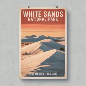 Plakat retro z Parku Narodowego White Sands: Sztuka pustyni w stylu vintage