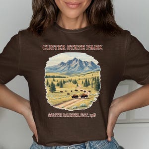 May include: Brown t-shirt with a graphic of a mountain landscape and the text "CUSTER STATE PARK SOUTH DAKOTA EST. 1919".
