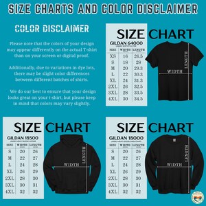 Size Charts for Tshirt and Hoodie, Gildan G4000 Gildan 18500 Gildan 64000 Gildan 18000, Apparel Sizing Guide, Color Disclaimer