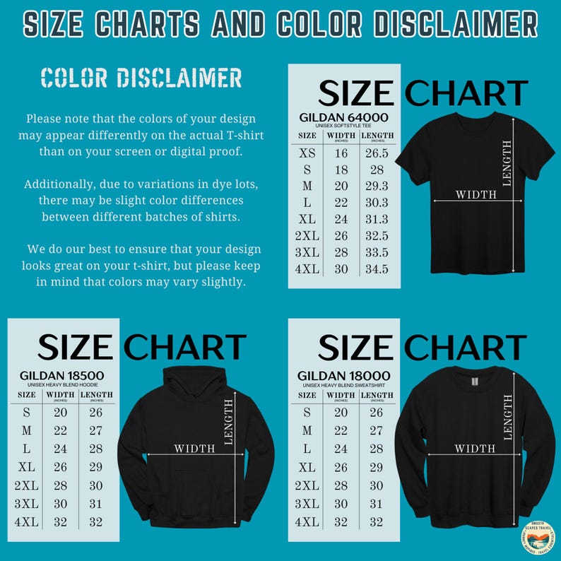 Size Charts for Tshirt and Hoodie, Gildan G4000 Gildan 18500 Gildan 64000 Gildan 18000, Apparel Sizing Guide, Color Disclaimer