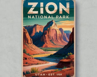 Zion National Park Vintage Travel Poster: Utah Landscape Art Print