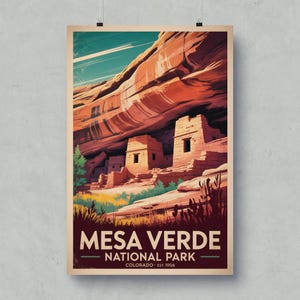 Póster vintage del Parque Nacional Mesa Verde, arte del Parque Nacional de Colorado, decoración de pared de viajes retro, impresión de la colección de parques nacionales