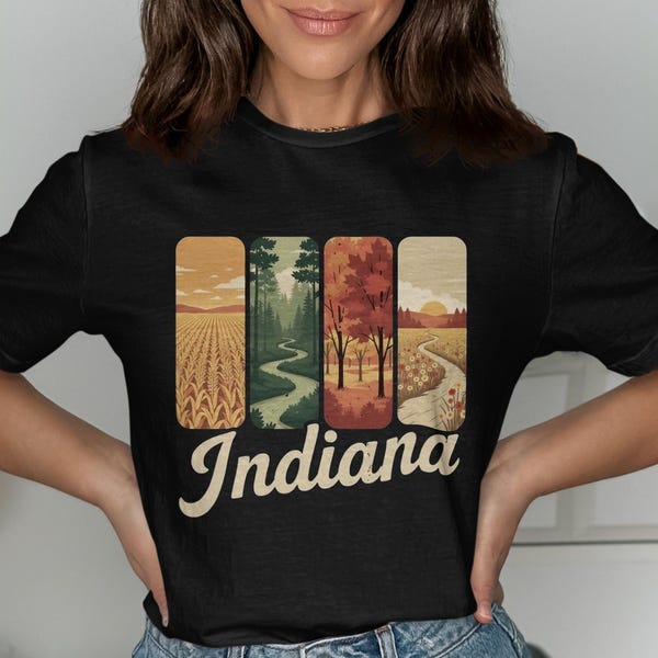 Indiana Landscape Graphic Tee - Hoosier State Art Souvenir