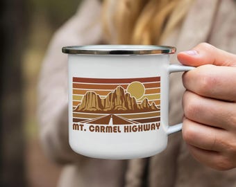 Mt Carmel Highway Mug, Retro Mountainscape Enamel Camping Mug