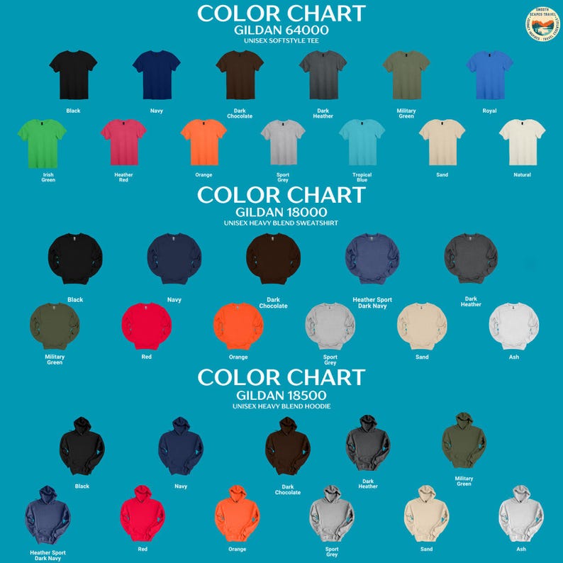 Color Chart, Gildan 64000, Gildan 18500, Heavy Blend, Softstyle Tee, Unisex Fashion, Clothing Guide, Apparel Selection, Wardrobe Essentials