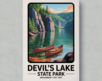 Devil's Lake State Park poster, Wisconsin vintage reiskunst