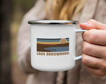 Lake Arrowhead Mug, Retro Sunset Mountain Landscape, Cabin Decor