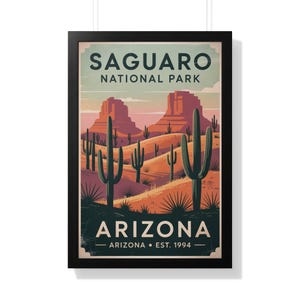 Póster del Parque Nacional Saguaro: Impresión artística vintage del desierto de Arizona