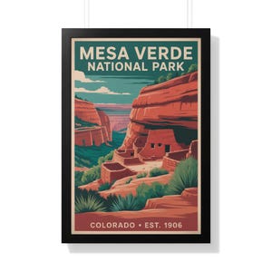 Póster del Parque Nacional Mesa Verde, impresión artística de Colorado, decoración de pared de viaje vintage, impresión retro del Parque Nacional, establecido en 1906