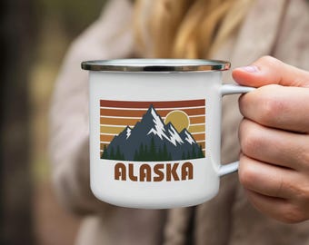 Alaska Mountains Mug, Retro Sunset, Outdoor Enamel Camp Mug
