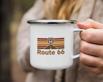 Taza de camping esmaltada de la Ruta 66, recuerdo retro de viaje por carretera