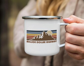 Million Dollar Highway Enamel Camping Mug, Colorado Retro Sunset
