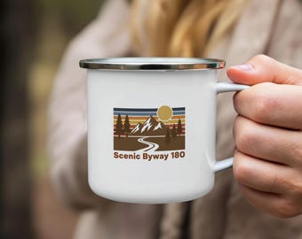 Scenic Byway 180 Mug, Retro Mountain Camping Design