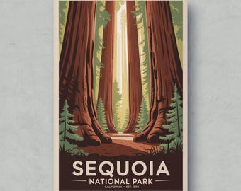 Póster vintage del Parque Nacional Sequoia: Arte mural de sequoias gigantes de California