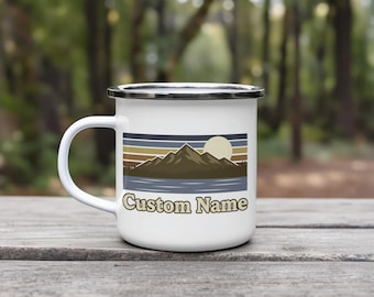 Personalized Enamel Camping Mug • Retro Mountain, Lake, Cabin Design