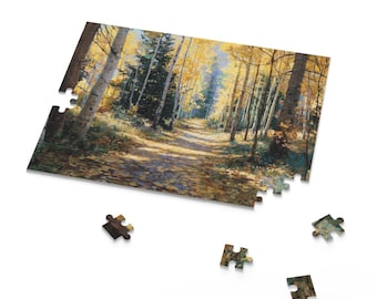 May include: A partially assembled jigsaw puzzle depicting a forest path with tall trees and sunlight. The puzzle's colours include shades of yellow, brown, and green. Several puzzle pieces are scattered around the partially completed puzzle.