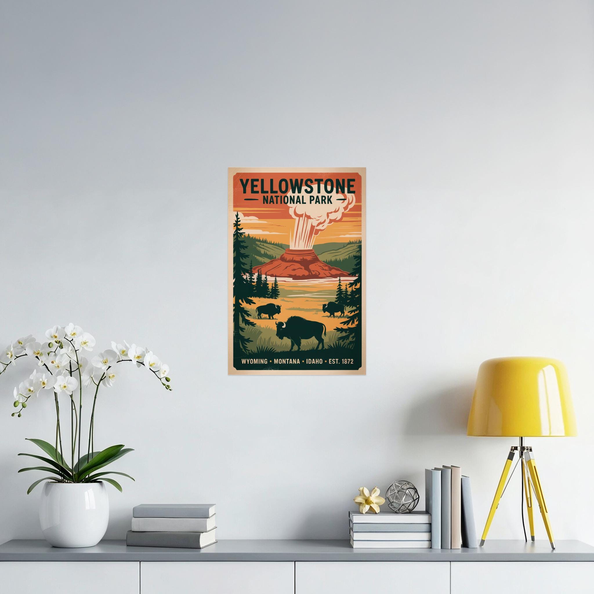 Vintage Yellowstone National Park Poster: Retro Bison & Geyser