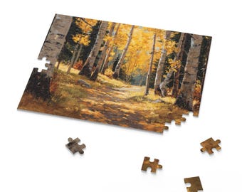 May include: A partially assembled jigsaw puzzle depicting a forest scene with tall trees and a path. The artwork shows a sunny autumn day with yellow and gold foliage. Several puzzle pieces are scattered around the partially completed puzzle.