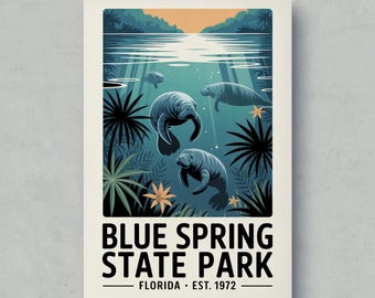 Blue Spring State Park Manatee Art Print, Vintage Florida Travel Poster
