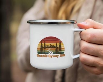 Scenic Byway 180 Mug, Retro Sunset, Mountain Road Trip Decor