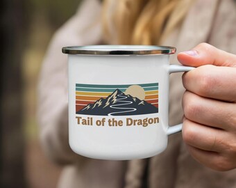 Tail of the Dragon Mug, Retro Sunset Mountain Road, Enamel Camping Mug