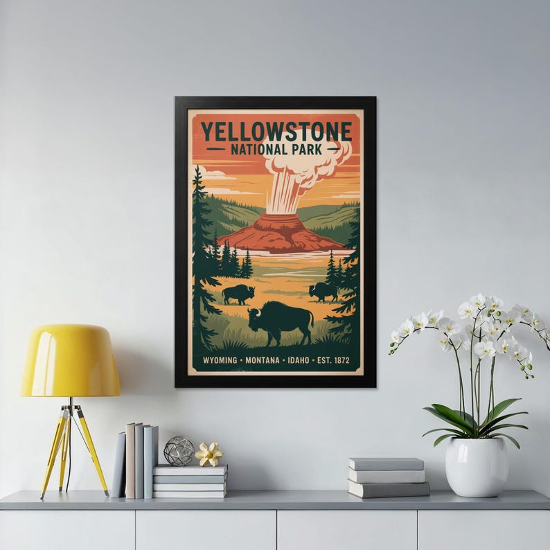 Vintage Yellowstone National Park Poster: Bison & Geyser Nature Art - Etsy
