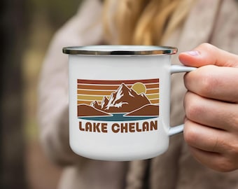 Lake Chelan Enamel Camping Mug, Retro Sunset Mountain Souvenir