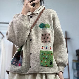 Cute color block forest style thin coat 3D hook pattern sweet cardigan for girls Carrot embellished loose button cardigan image 1