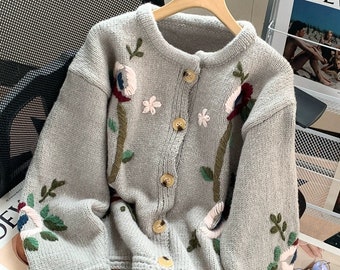 Hand-crocheted spring embroidered wool cardigan Cute and elegant floral pattern sweater Lovely girl's jumper