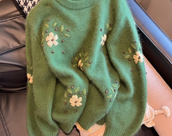 Adorable petite fleur brodée au crochet pull Pull ample en laine printanier fin pour fille