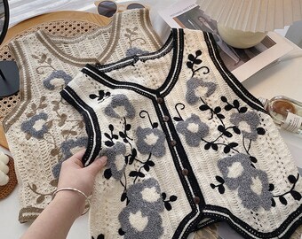 Exquisite hook pattern hollow thin crochet vest Spring and summer matching light retro woolen sleeveless cardigan