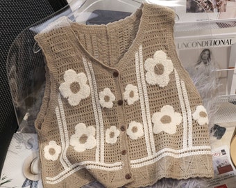 Exquisite hook pattern hollow thin knitted vest Crochet woolen loose vest Retro style flower decorated summer sleeveless cardigan for women