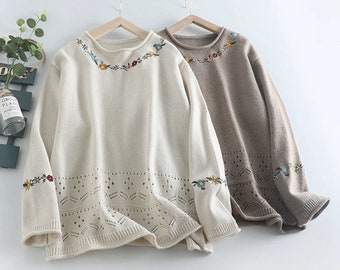 Pull-over creux brodé de fleurs exquises Pull fin simple et mignon de couleur claire