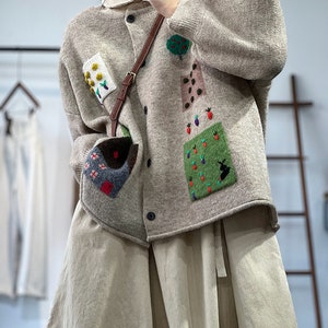 Cute color block forest style thin coat 3D hook pattern sweet cardigan for girls Carrot embellished loose button cardigan image 6