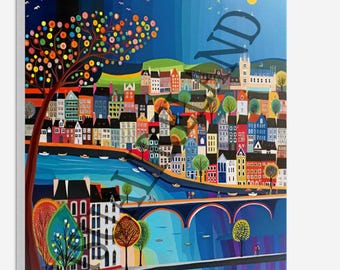 European Town Art – Colorful Cityscape Painting, Gallery Frame
