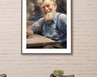 Countryside Old Man Art Print, Joyful Cafe Scene