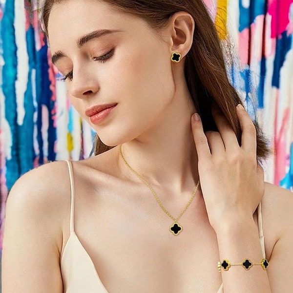 Premium Four Leaf Clover Set: 18k Gold Plated Necklace, Ear Cuffs, and Bracelet with Agate, Mother of Pearl, Chalcedony, Malachite