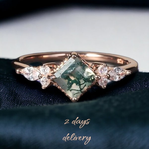 14K Gold Green Moss Agate Rings, 925 Sterling Silver, Engagement Ring, Skye Ring, Green Gemstone Promise Ring