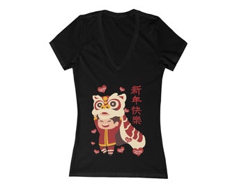 Women's Happy Chinese New Year Dragon Dance T-Shirt Deep V-Neck Tee