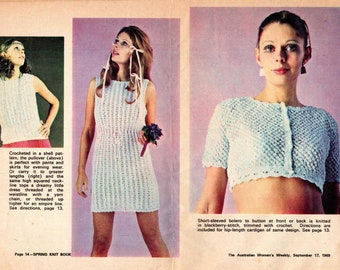 Libretto di maglieria e uncinetto primaverili Vtg 1969 WW. Top, vestiti, giacche, borsetta, pochette. Modelli in stile anni '60! Formato PDF.