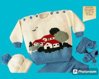 Modello Vtg Shepherd Baby 1936 - 8 fili - Maglione girocollo per neonato e leggings, berretto e scarpine abbinati, motivo fattoria. Formato PDF.