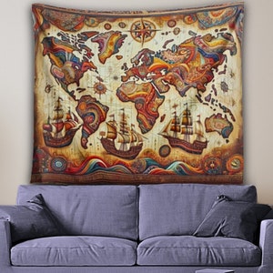 Tapisserie carte du monde bohème, tenture murale nautique colorée, bateau vintage, décoration artistique rose des vents, art ethnique, cadeau ethnique bohème pour salon