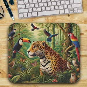 Jaguar Mouse Pad,Rainforest Desk Decor,Exotic Bird,Toucan Office Accessorie,Wildlife Desk Mat,Tropical Animal Art Gift,Birdwatching Birthday